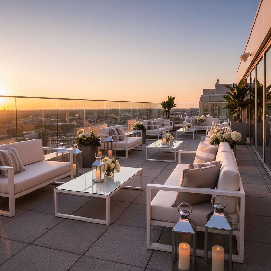 Sala de estar de terraza decorada con una vista panorámica de la ciudad al atardecer.