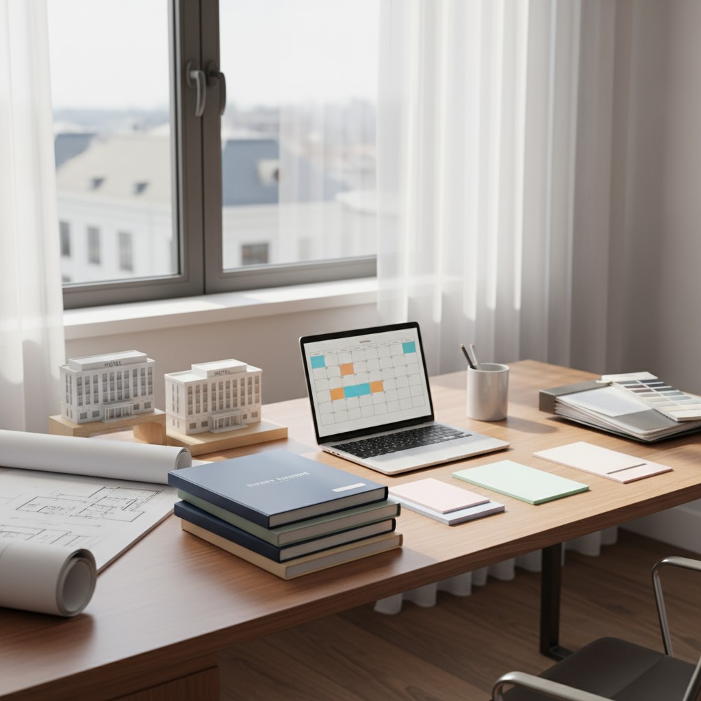 Los modelos de edificios de arquitectura están colocados en una mesa en un estudio, con un computadora portátil abierta y ...