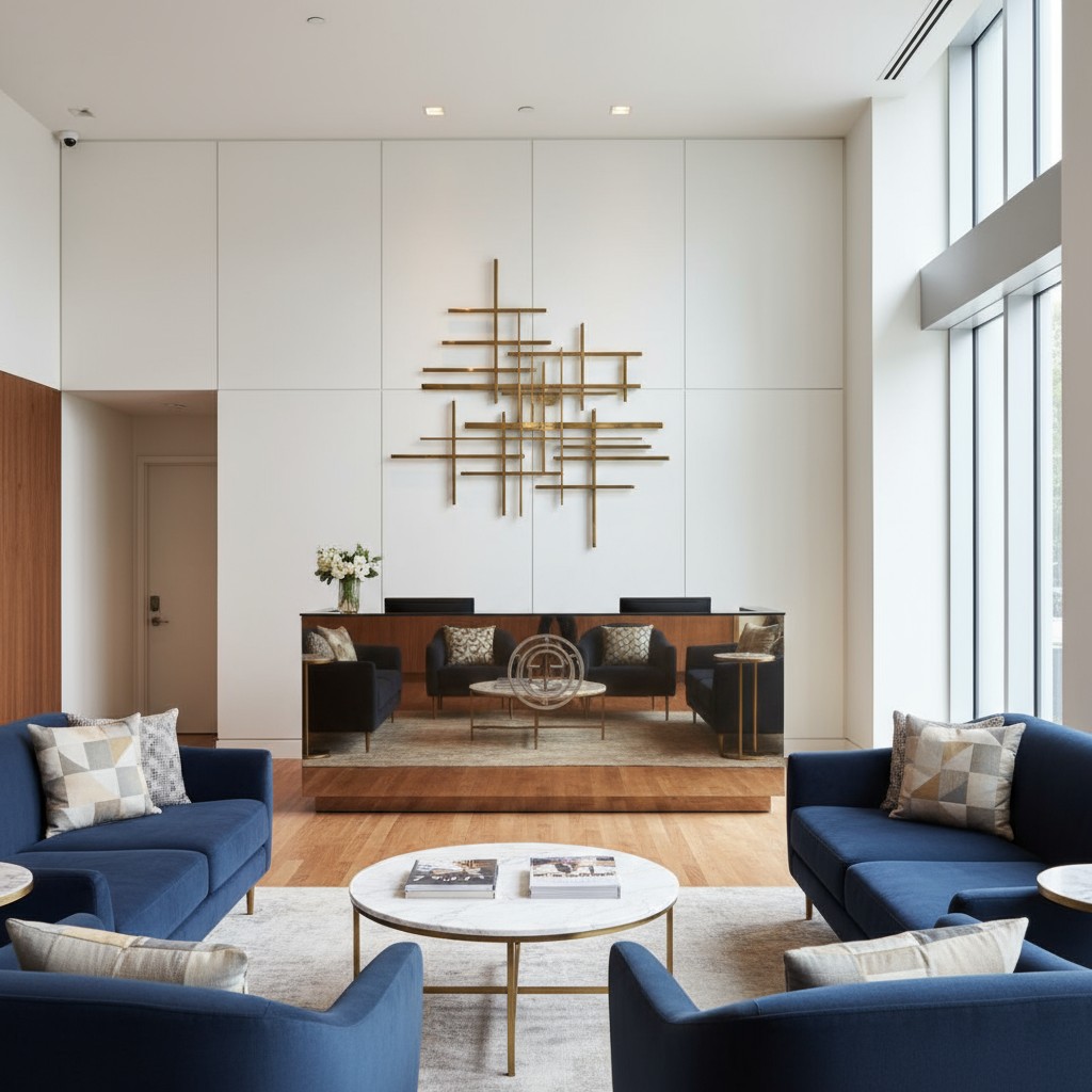 Cuenta de espera en un banco con cómodas sillas azules y una mesa Redonda.