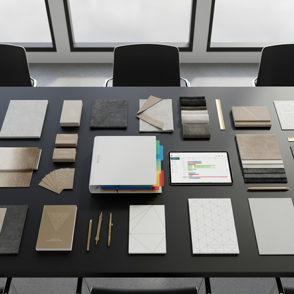 La imagen muestra una mesa de reuniones con un imán central, libros, notas y otros objetos de oficina sobre ella.