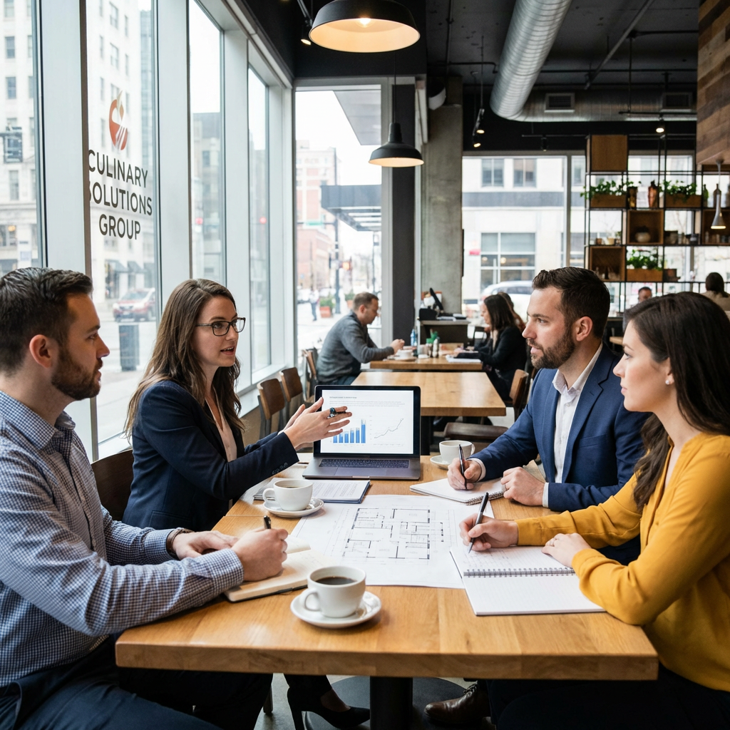 Four professionals discuss blueprints and data at Culinary Solutions Group with a laptop and coffee.